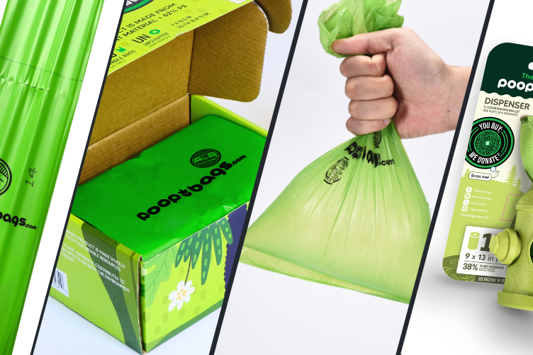Green biodegradable poop bags shown in packaging, being held, and dispensed from eco-friendly box